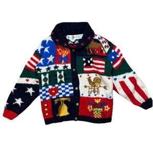 VTG Sz M Eagles Eye Picture Hand Knit Cardigan Sweater Americana Quilt Flag Bell